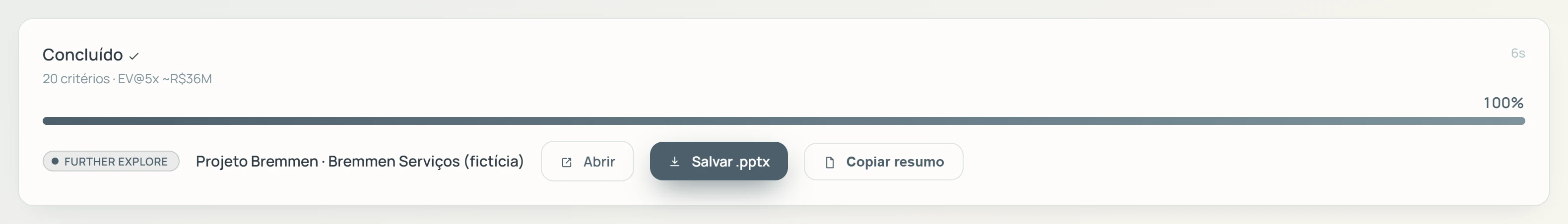 Resultado da análise com veredito e botões para abrir e salvar