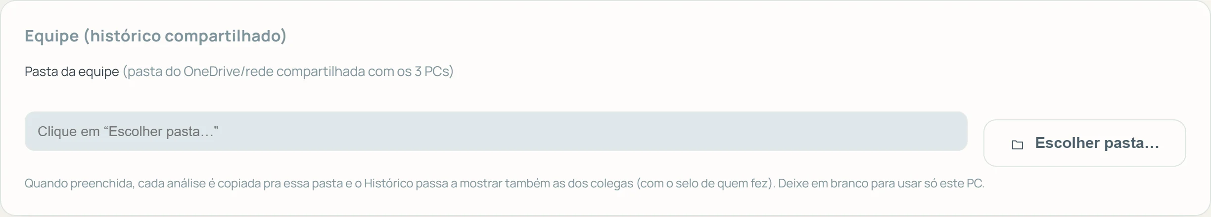 Cartão Equipe com o campo Pasta da equipe e o botão Escolher pasta